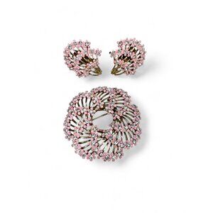 Vintage Pink Enamel Clear Rhinestone Floral Brooch Clip On Earrings Set